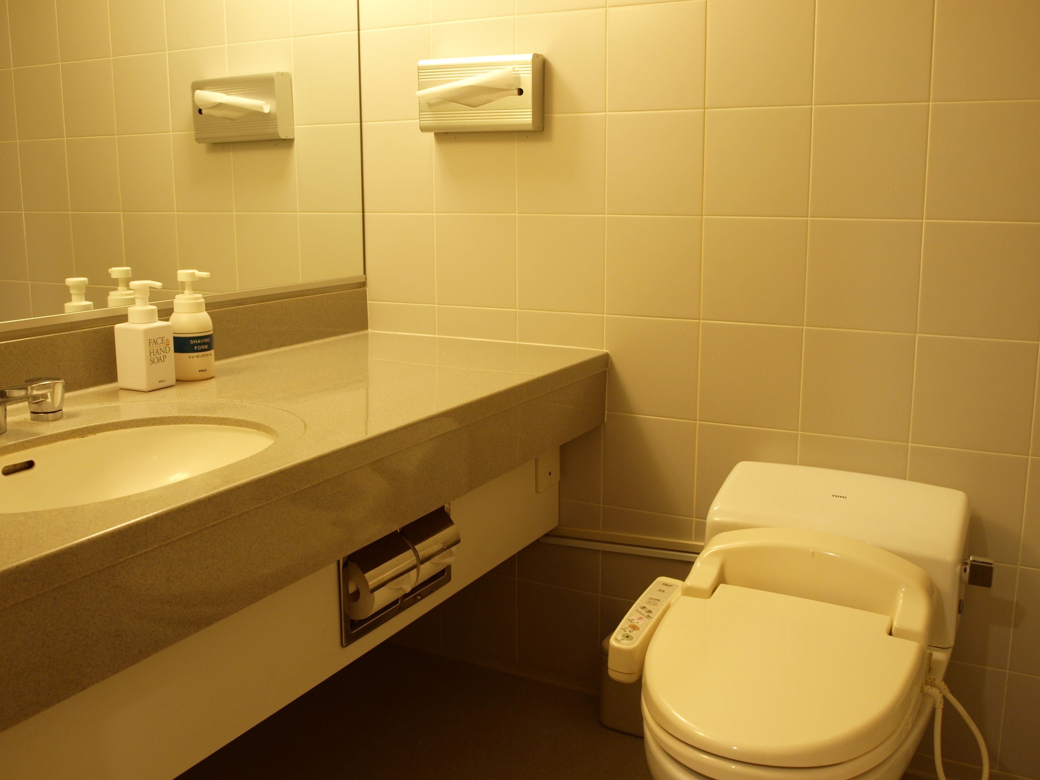 Un baño con lavamanos, inodoro y dispensadores de jabón.