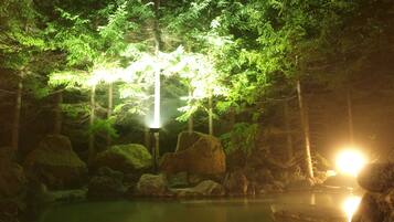 Cena serena de uma floresta com um lago, pedras e uma fonte de luz no centro.