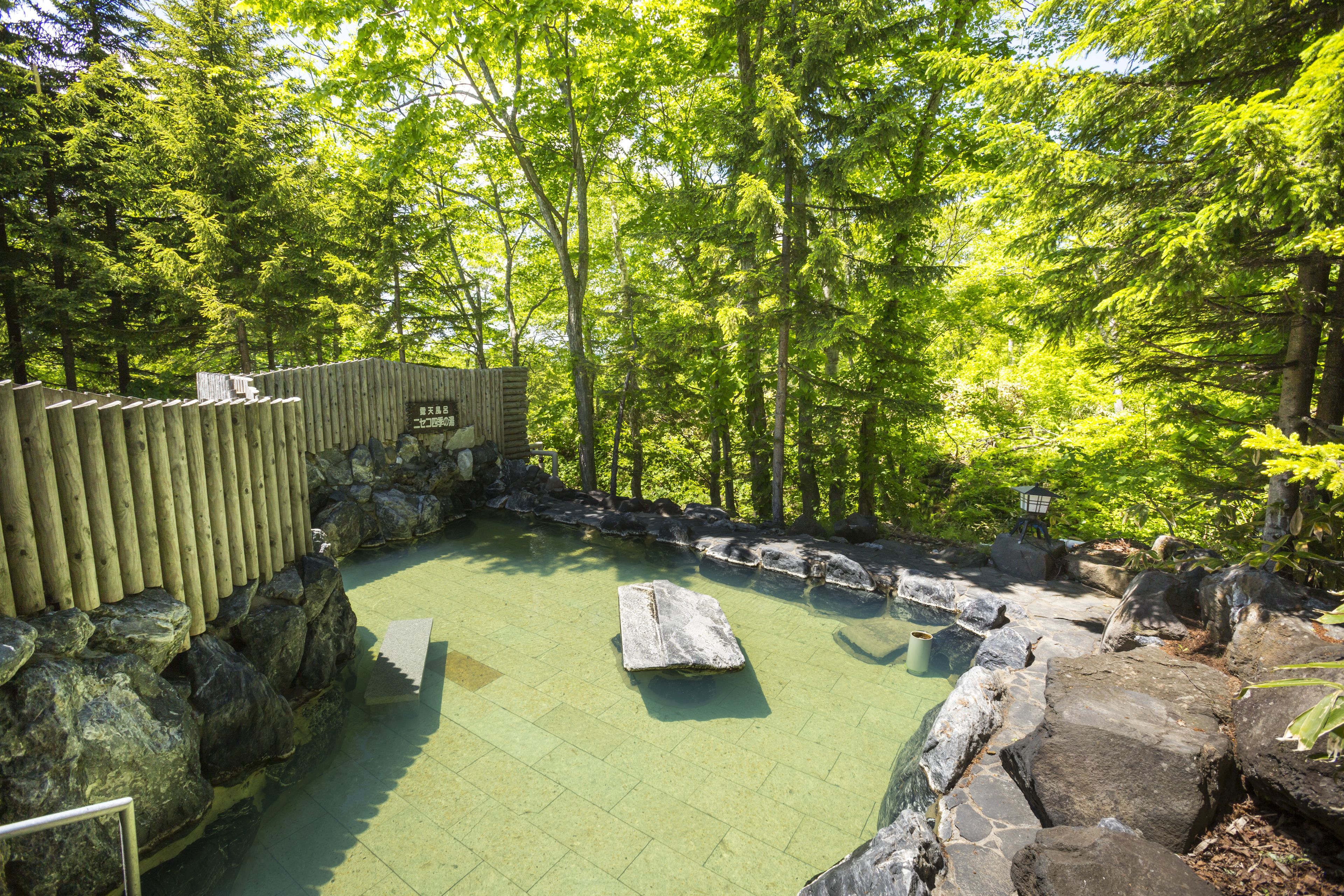 A stone pool surrounded by rocks and trees.