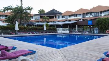 Outdoor pool, pool umbrellas, pool loungers