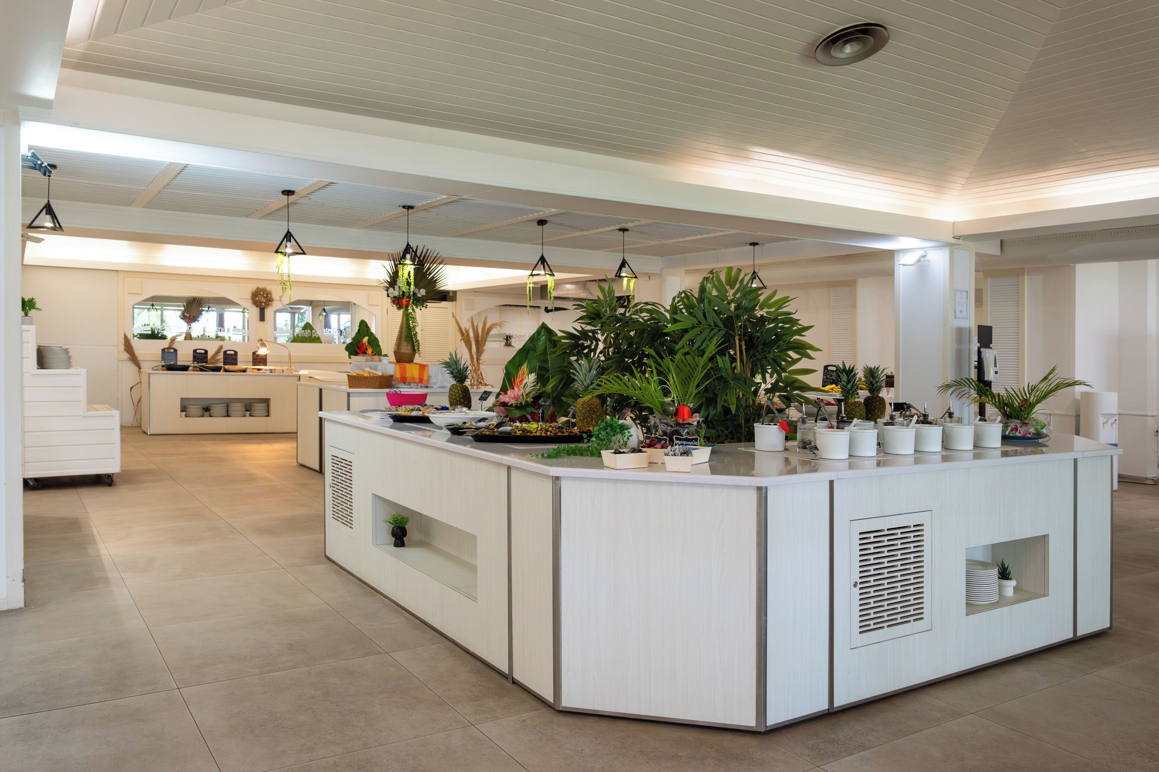 A spacious kitchen with a central island, modern pendant lighting, and a variety of plants.