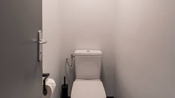 A small, narrow bathroom with a white toilet, a toilet paper holder, and a flush handle.