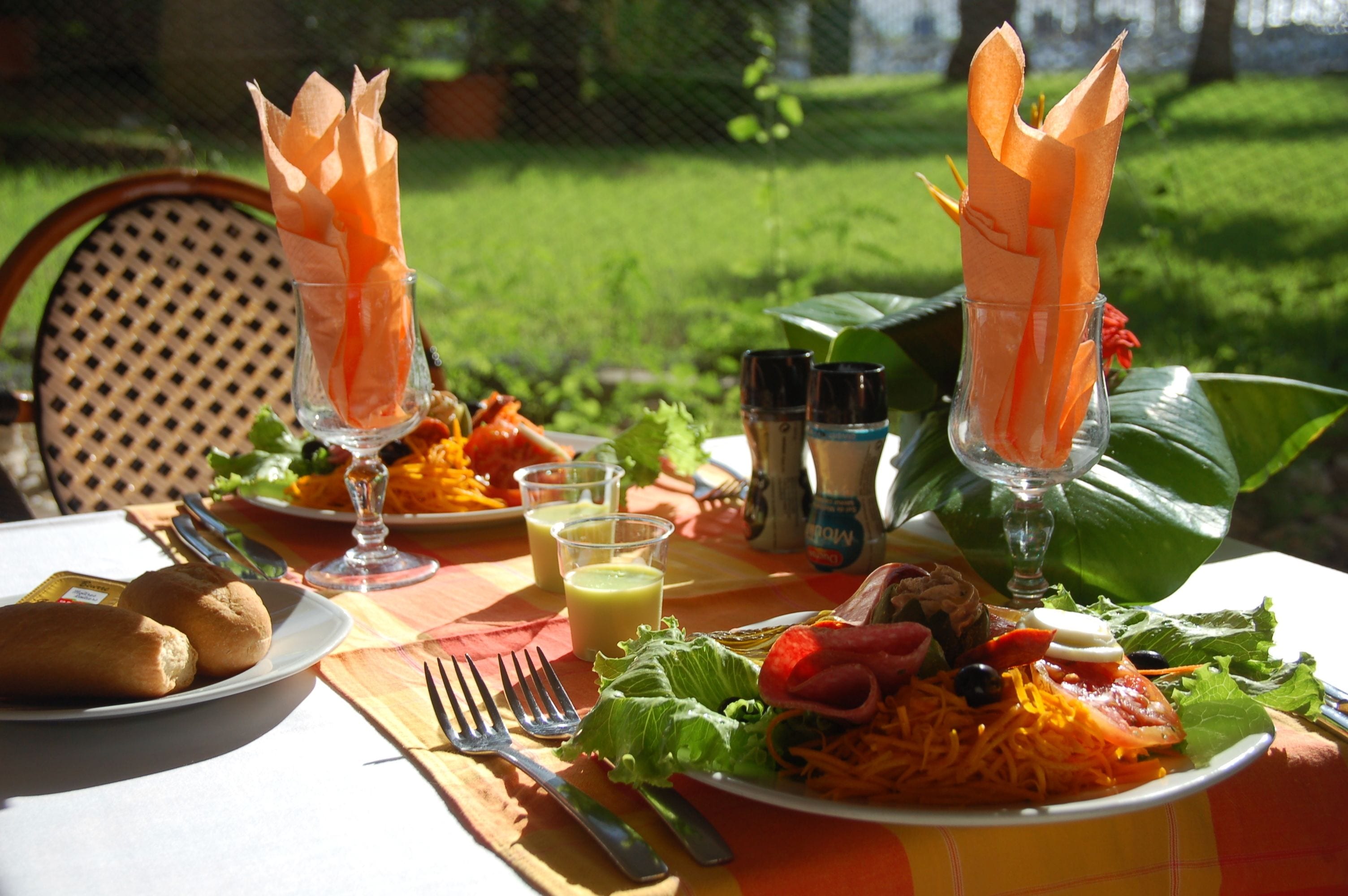 A table set outdoors with a variety of dishes, including salads, bread, and drinks, with a green lawn in the background.