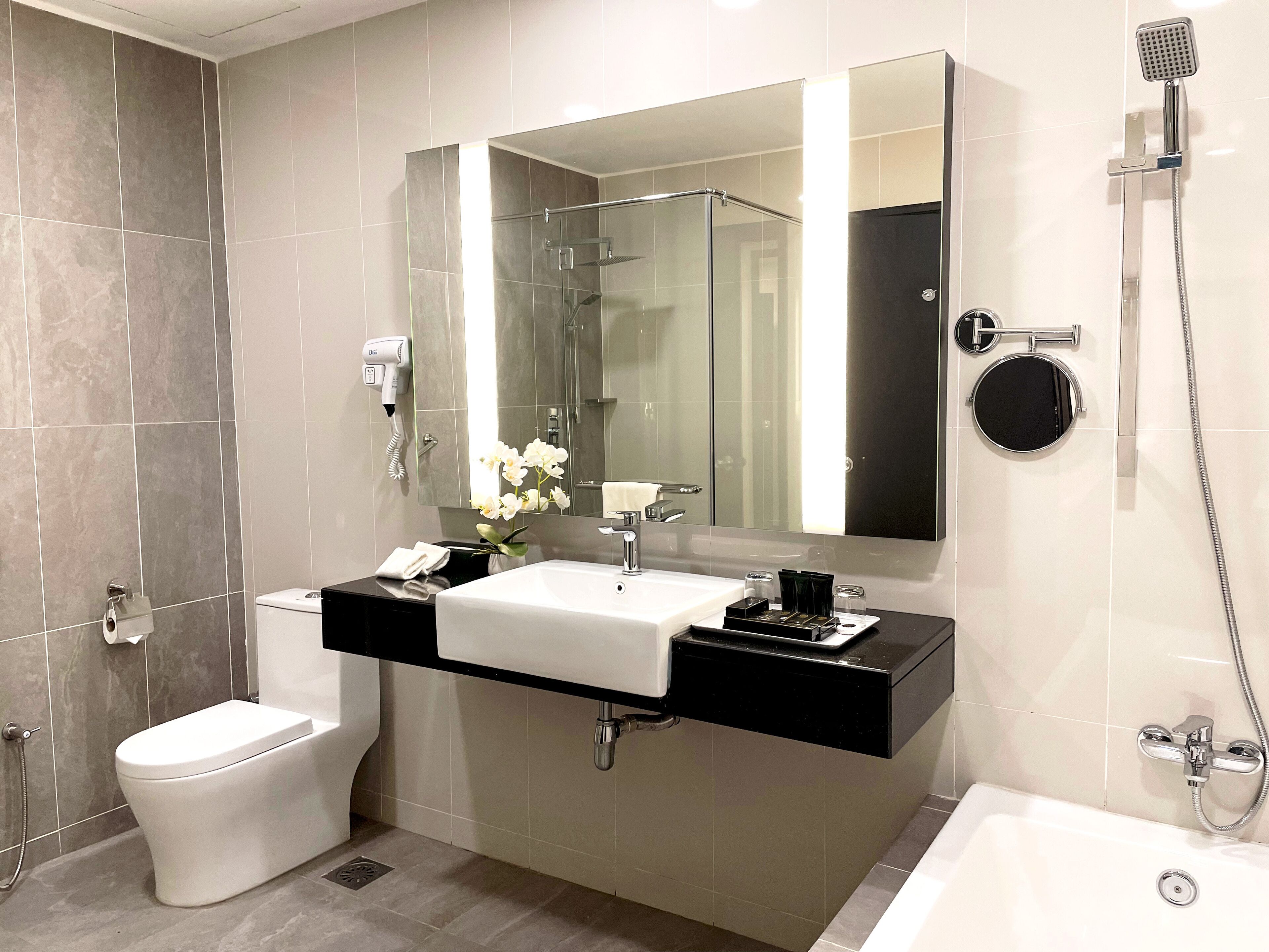 Shower, hair dryer, bidet, towels
