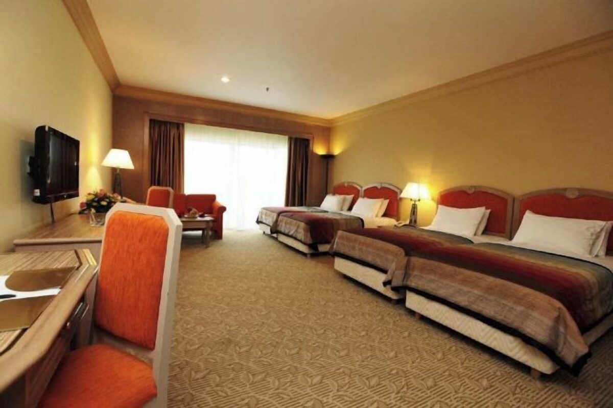 Ett hotellrum med två sängar, ett skrivbord, en stol och en tv.