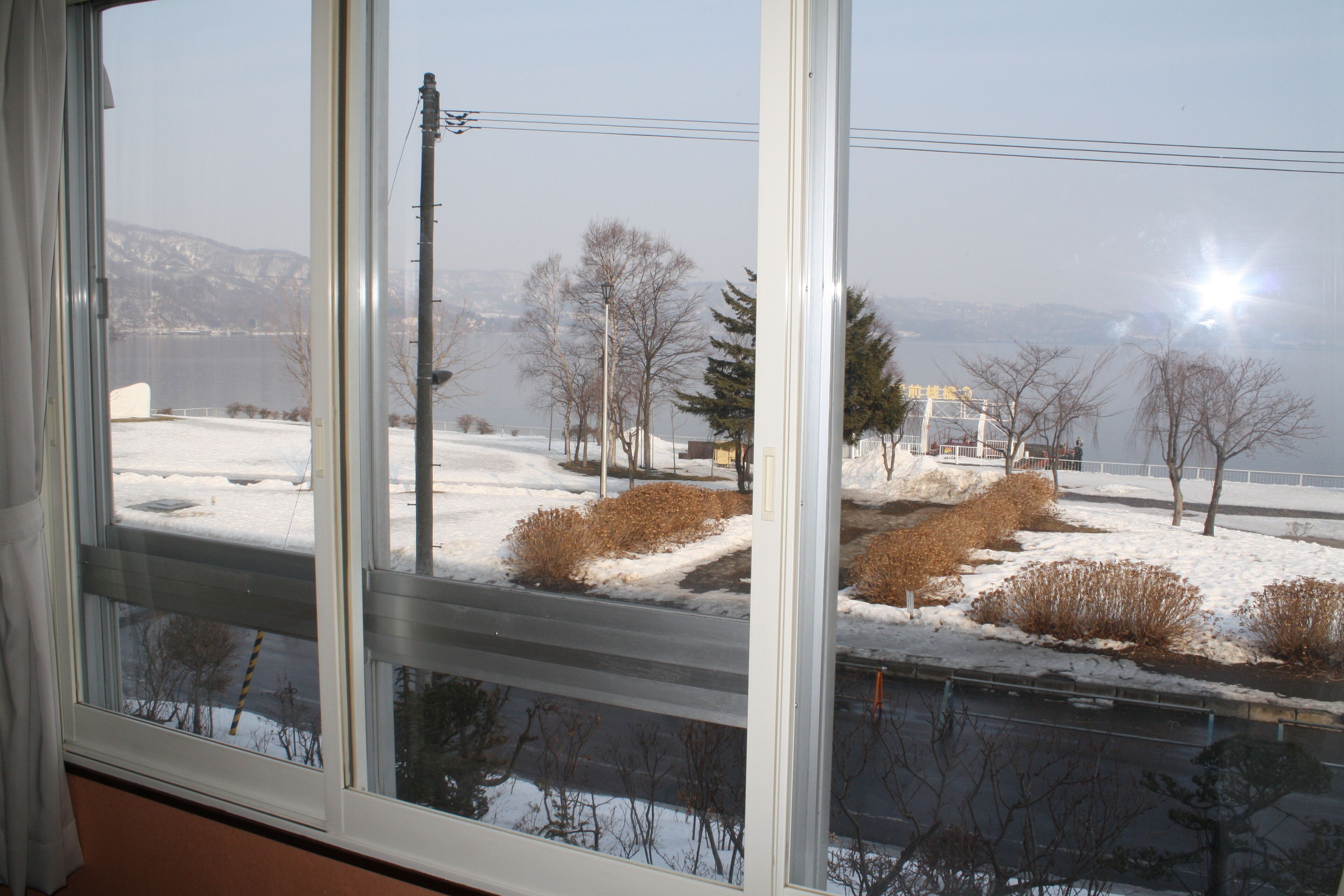 A view through a window with a snowy landscape, including trees and a distant mountain range.