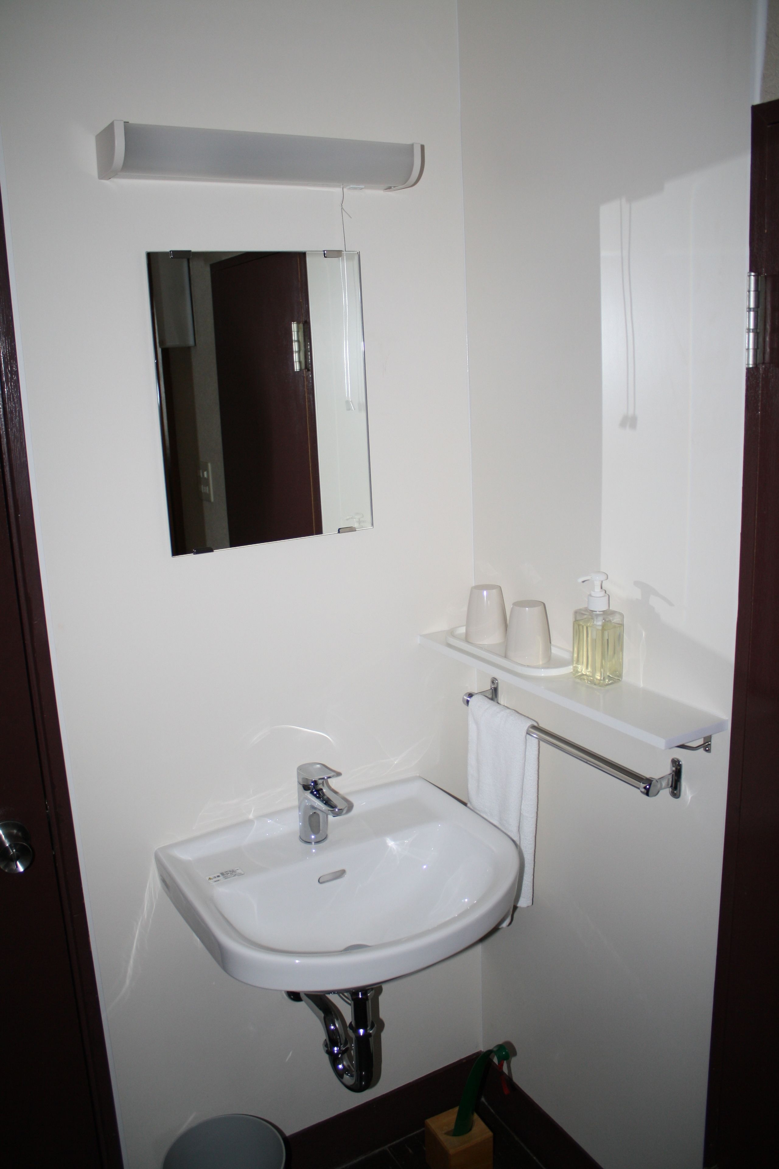 A bathroom with a white sink, a mirror, and a shelf with toiletries.