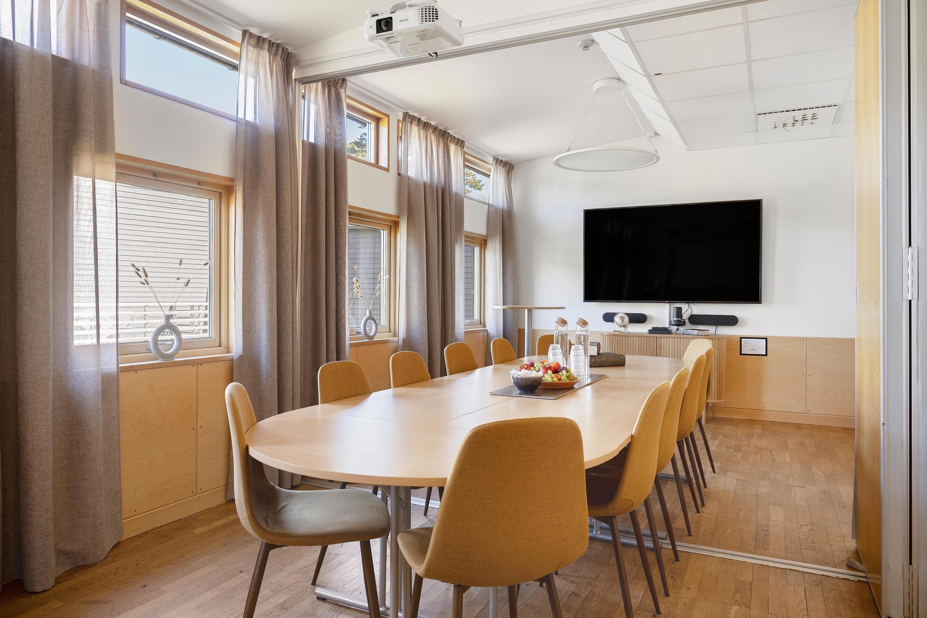 A conference room with a long table, chairs, a projector, and a TV.
