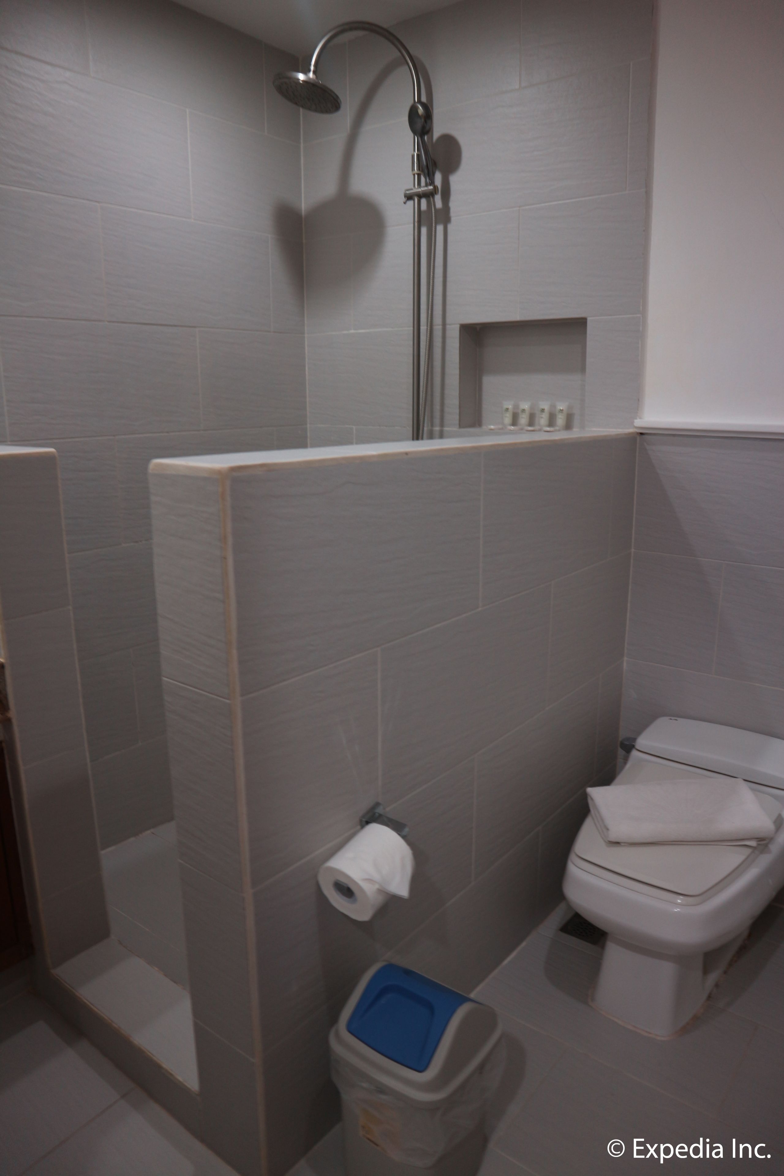 Un baño con ducha, inodoro y un cubo de basura.