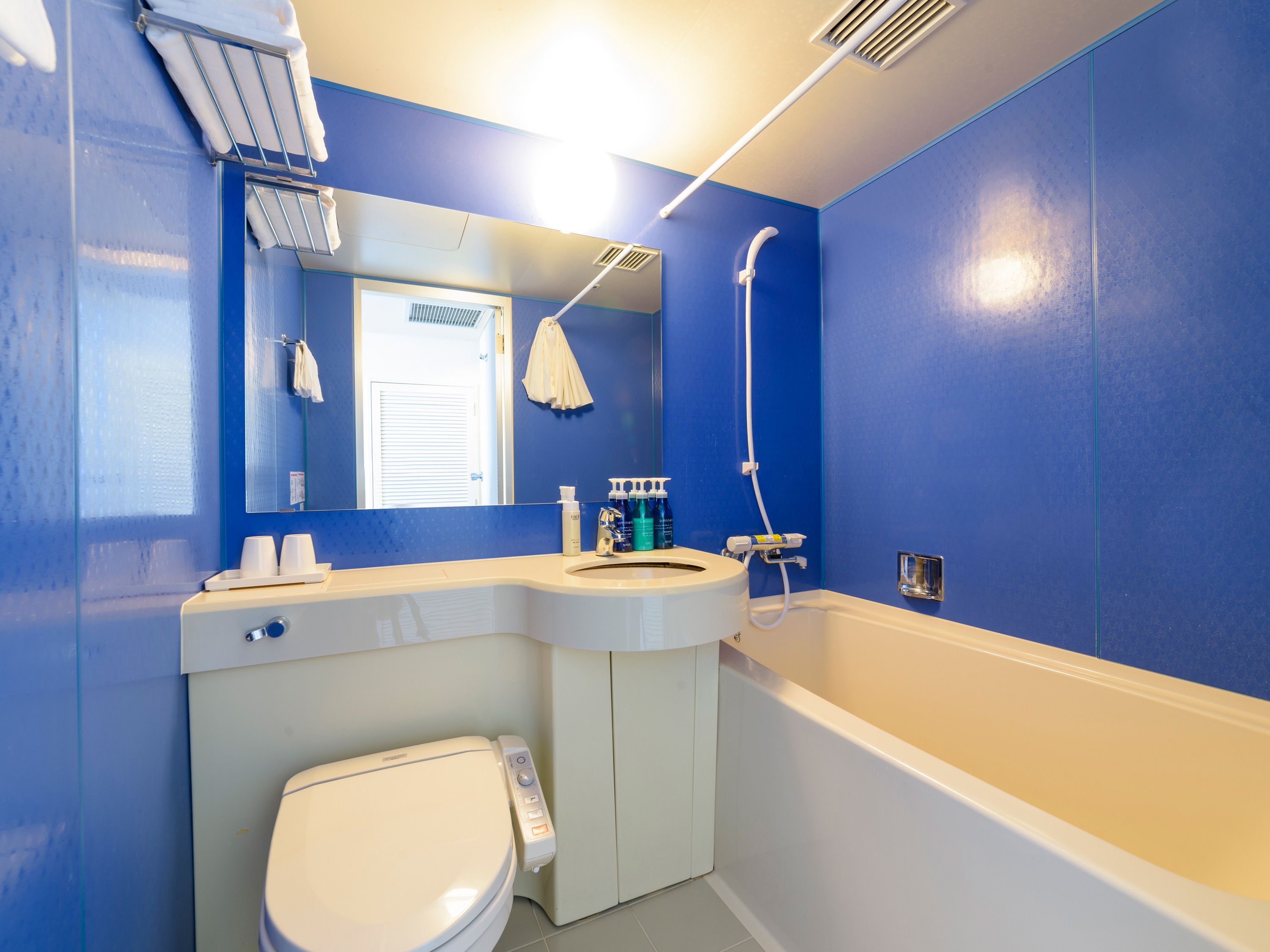 combined shower/bathtub, free toiletries, hair dryer, slippers