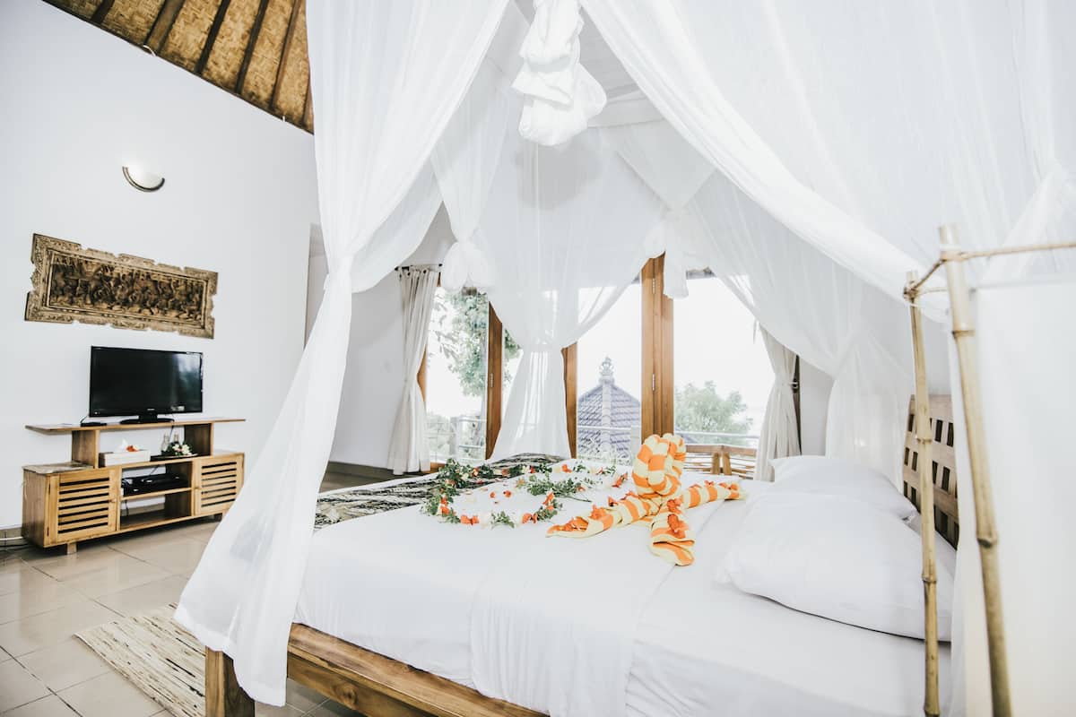 A bedroom with a bed under a canopy, a television on a wooden stand, and a window with a view of greenery.