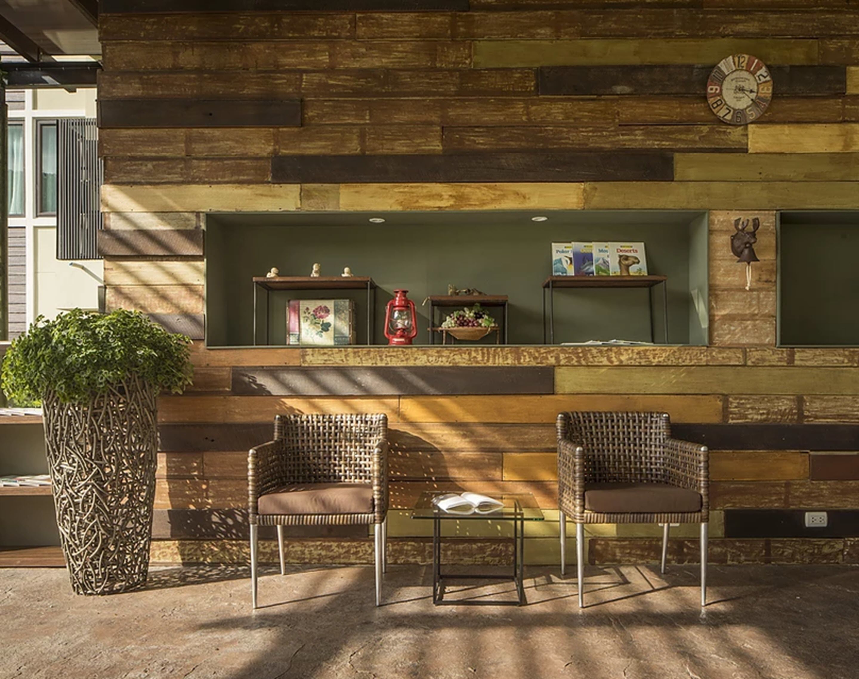 A cozy seating area with two wicker chairs and a glass table, a large decorative plant, and a wooden wall with shelves displaying books and a clock.