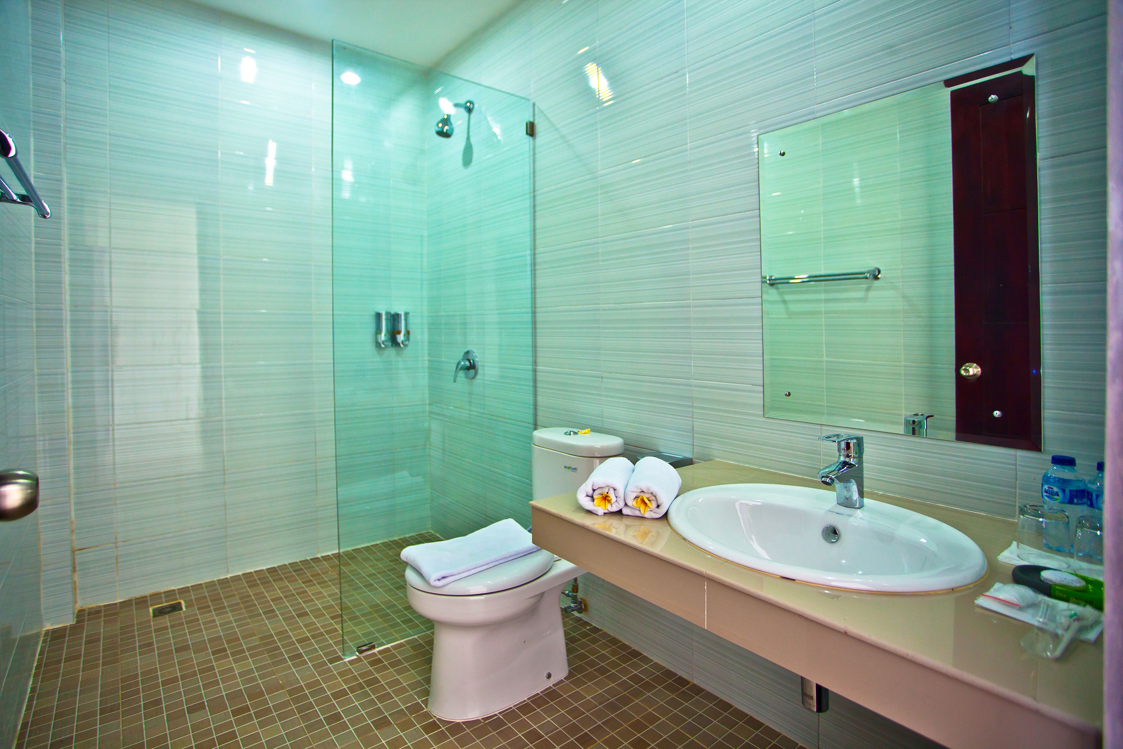 shower, free toiletries, hair dryer, towels