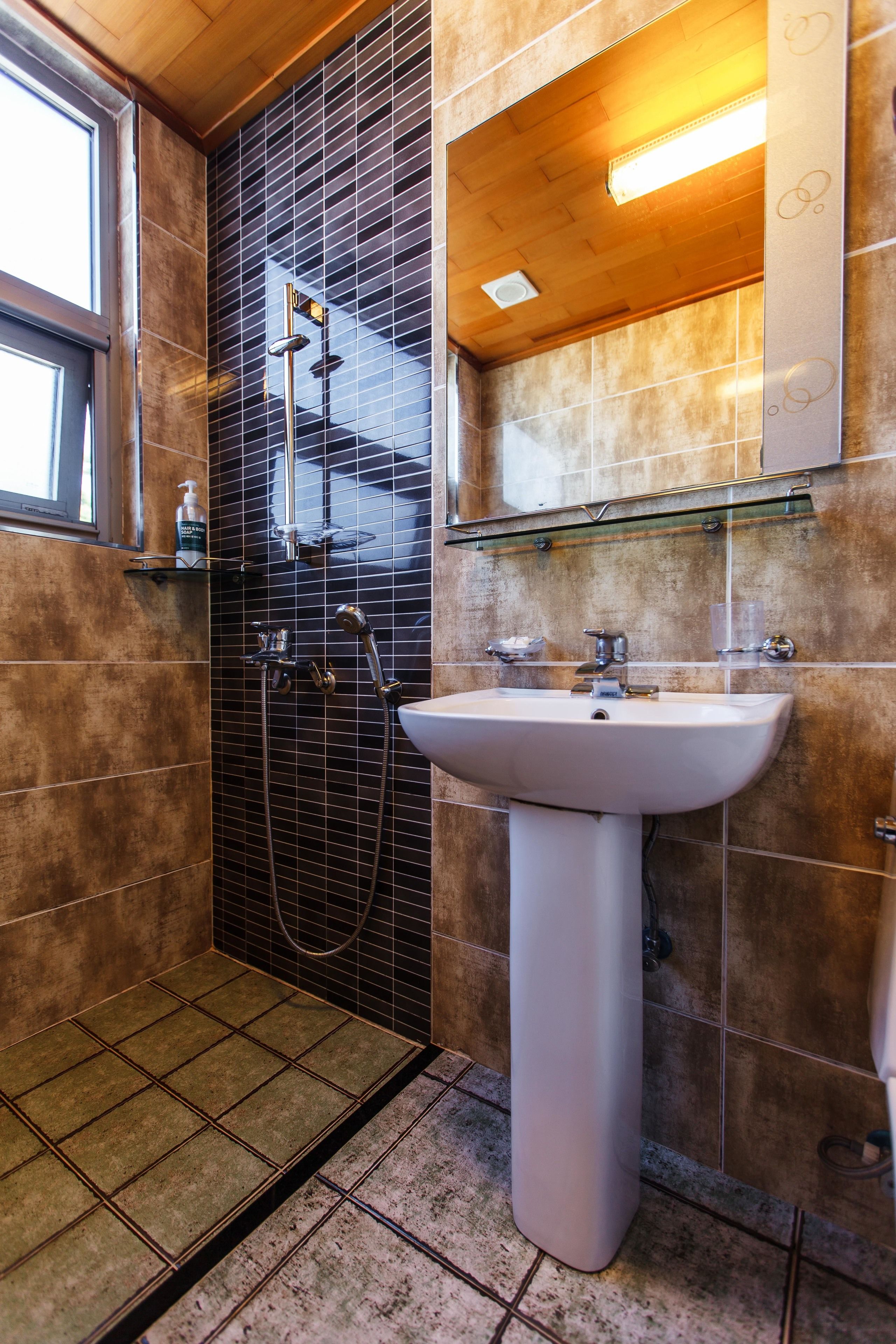 combined shower/bathtub, free toiletries, hair dryer, slippers