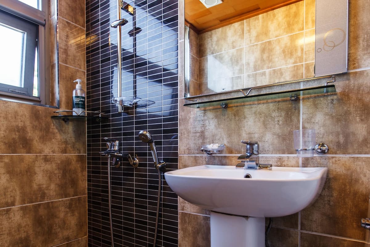 combined shower/bathtub, free toiletries, hair dryer, slippers