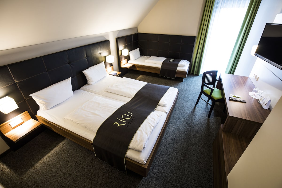 hypo-allergenic bedding, desk, blackout curtains, soundproofing