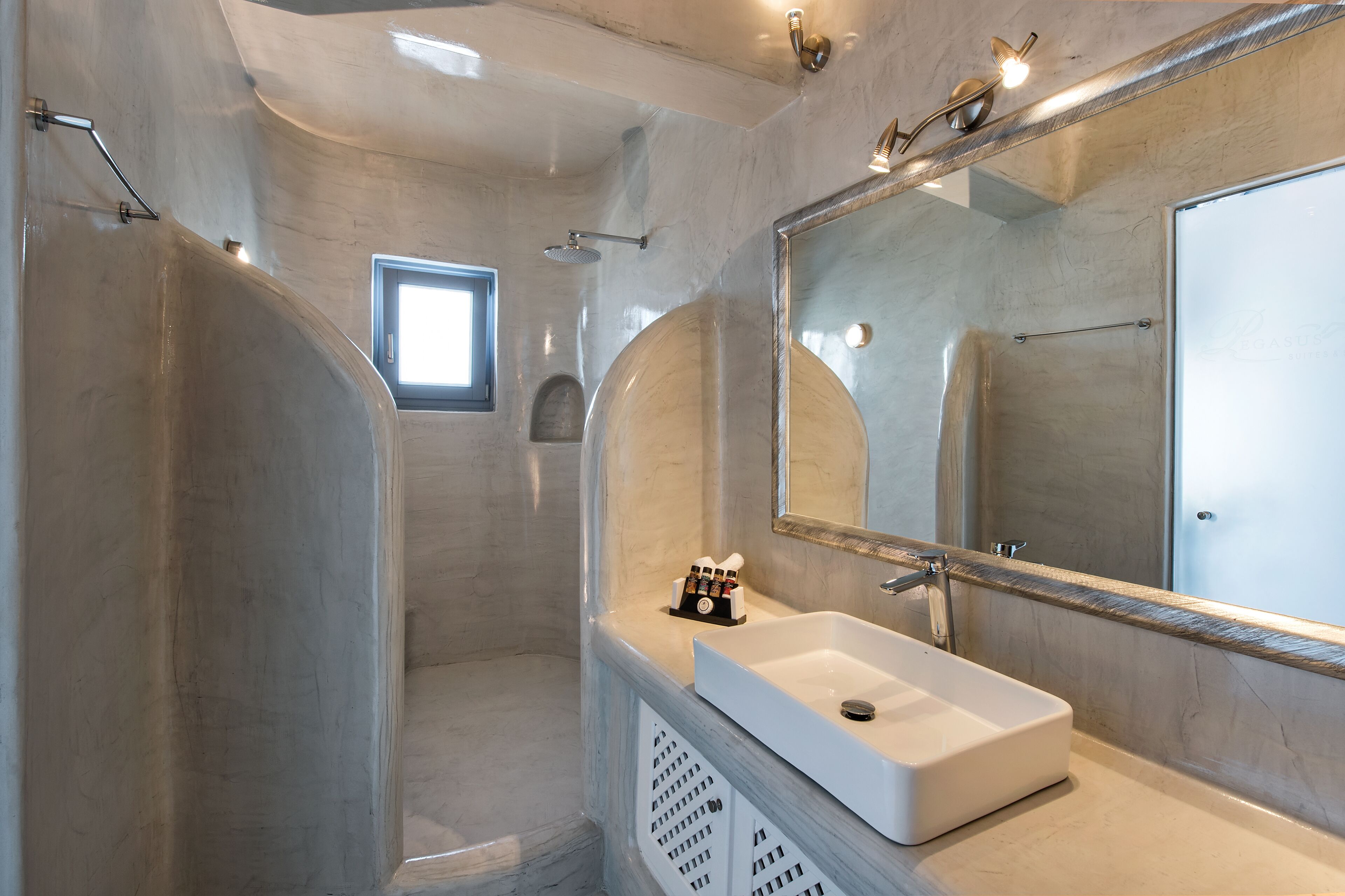 honeymoon suite (plunge pool) | bathroom | shower, free toiletries, hair dryer, bathrobes