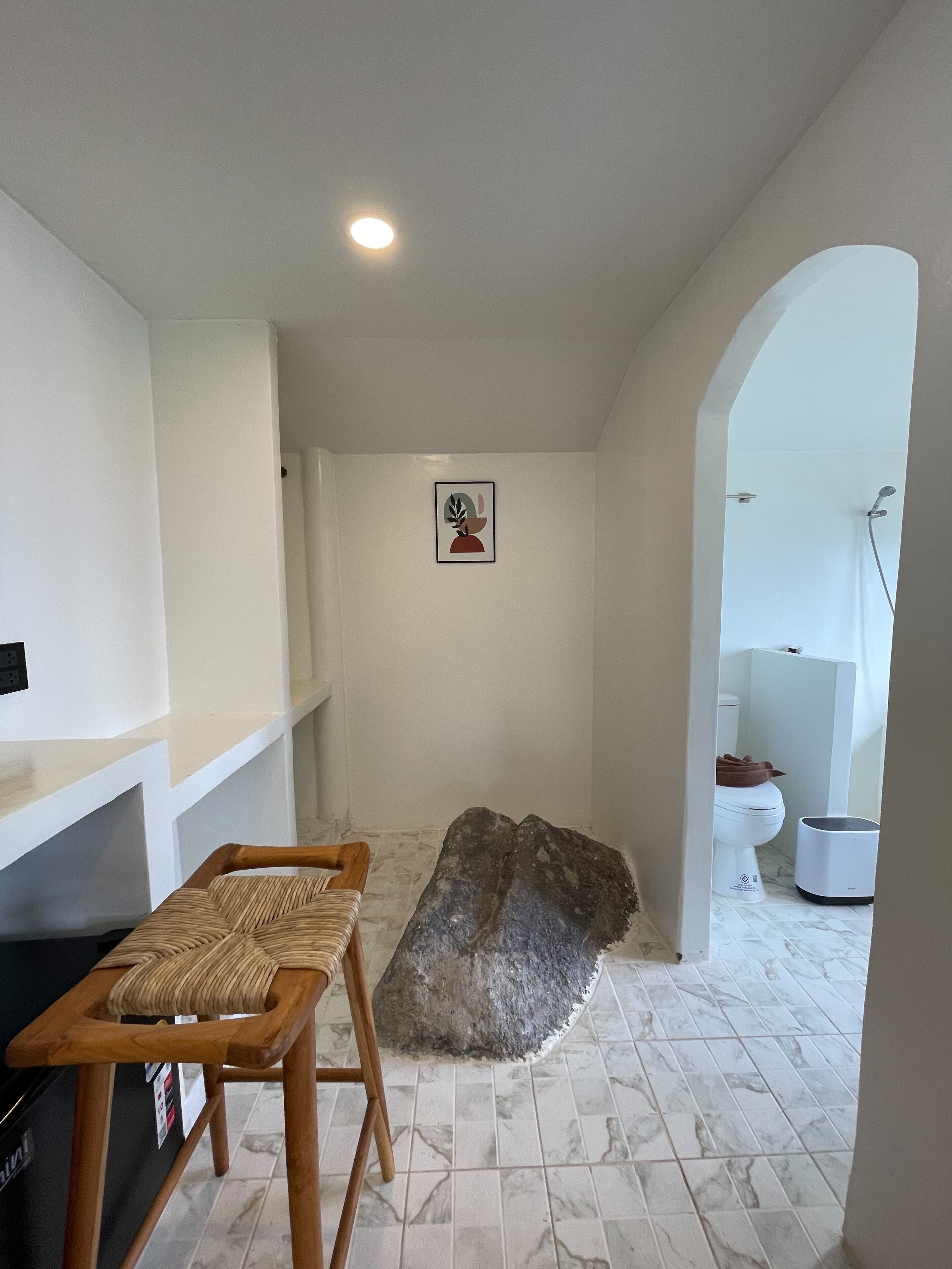 A bathroom with a shower, toilet, and a large rock decoration on the floor.