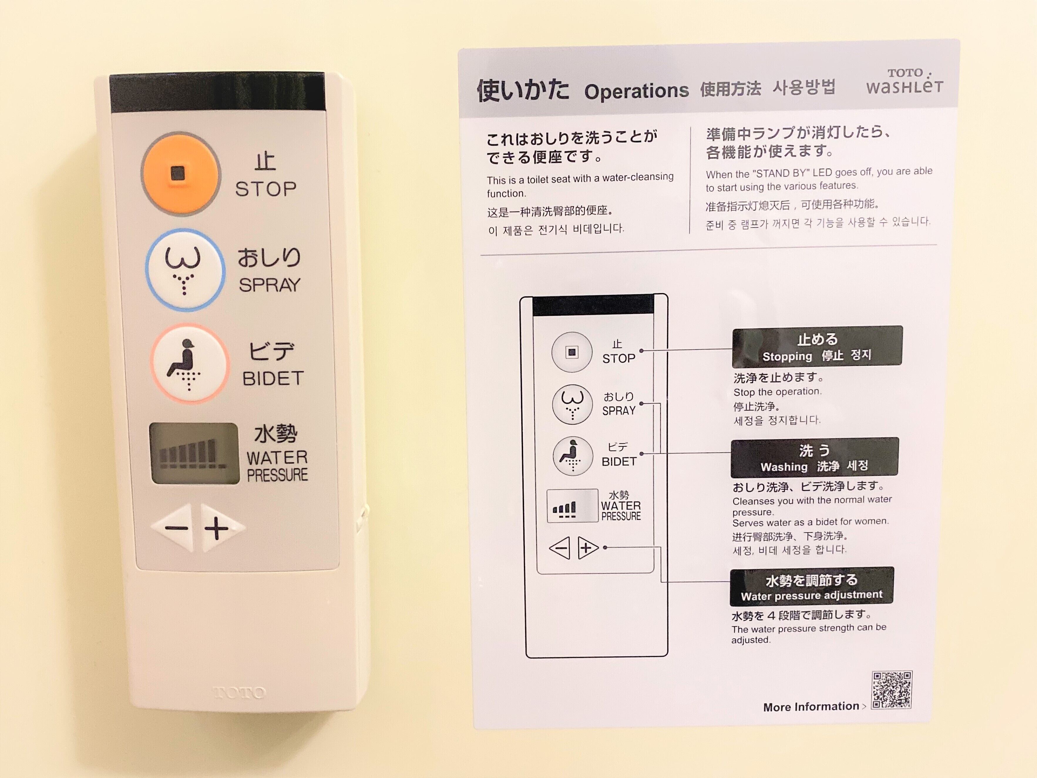 A toilet seat with a water-cleansing function and a control panel with stop, spray, bidet, and water pressure adjustment buttons.