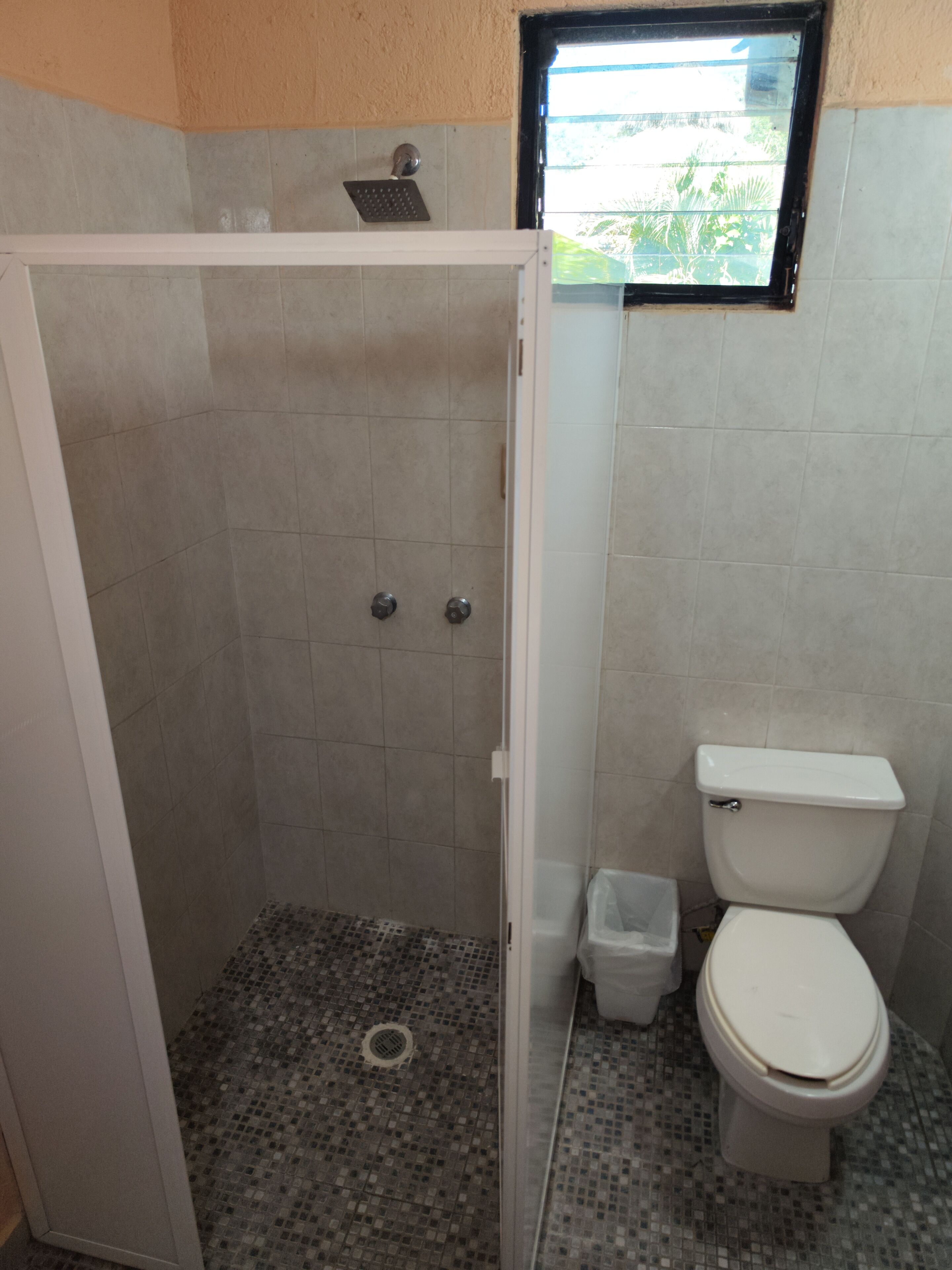 A small bathroom with a shower, toilet, and a window.