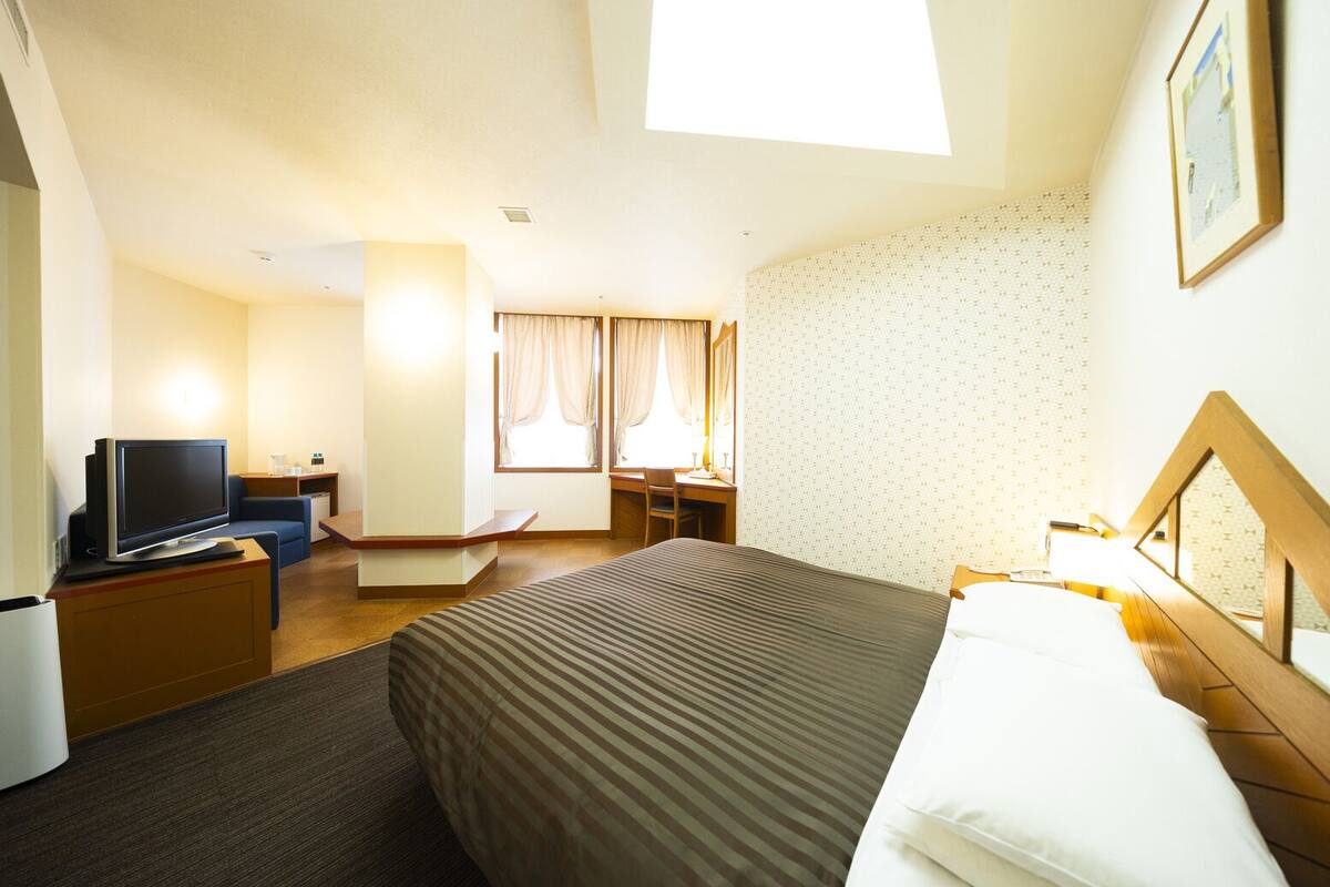 Une chambre d’hôtel avec un lit, un bureau, une télévision et une fenêtre.