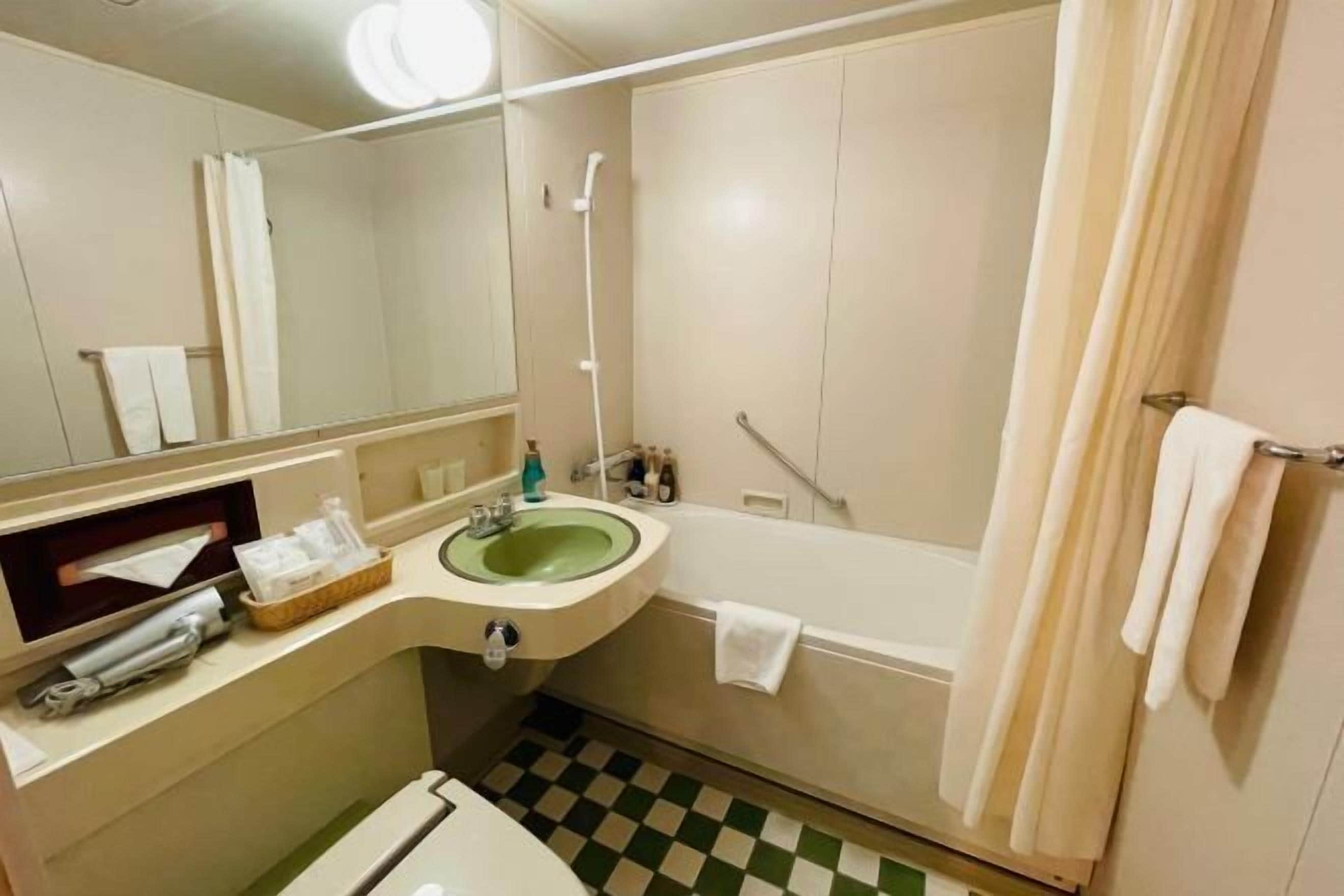 Combined shower/bathtub, hair dryer, slippers, electronic bidet