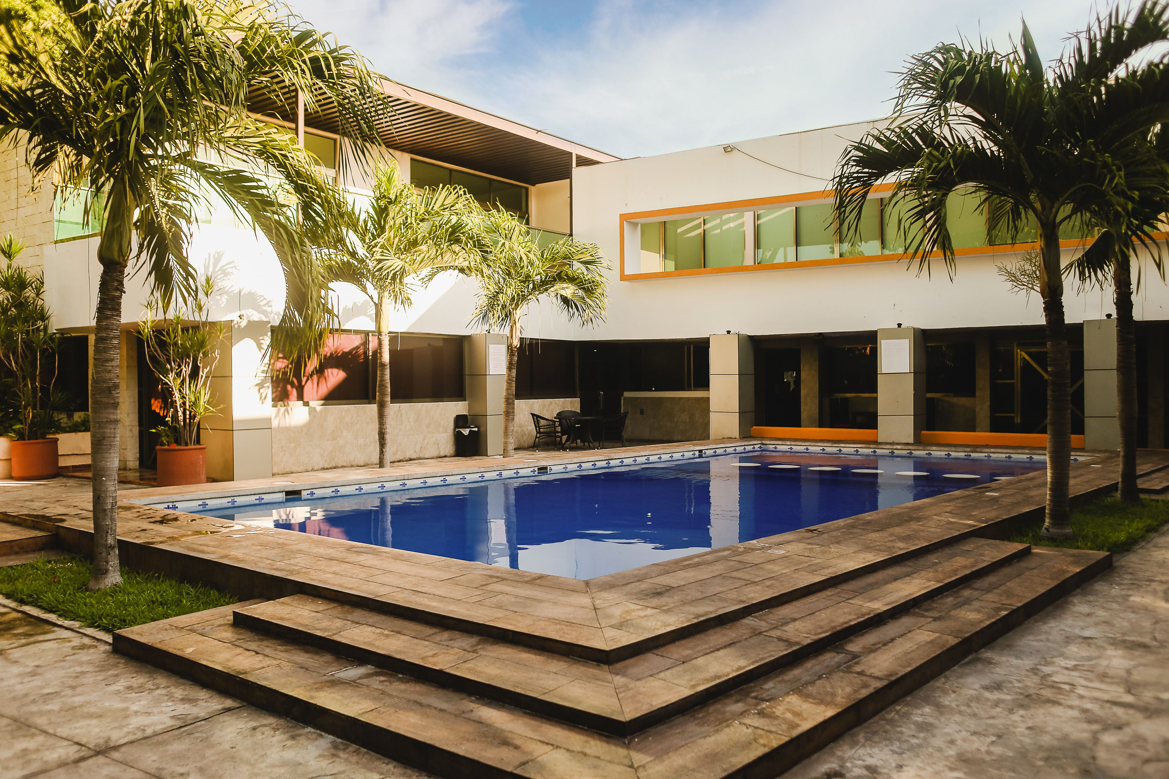 A modern outdoor pool area with a rectangular pool, wooden deck, and palm trees.