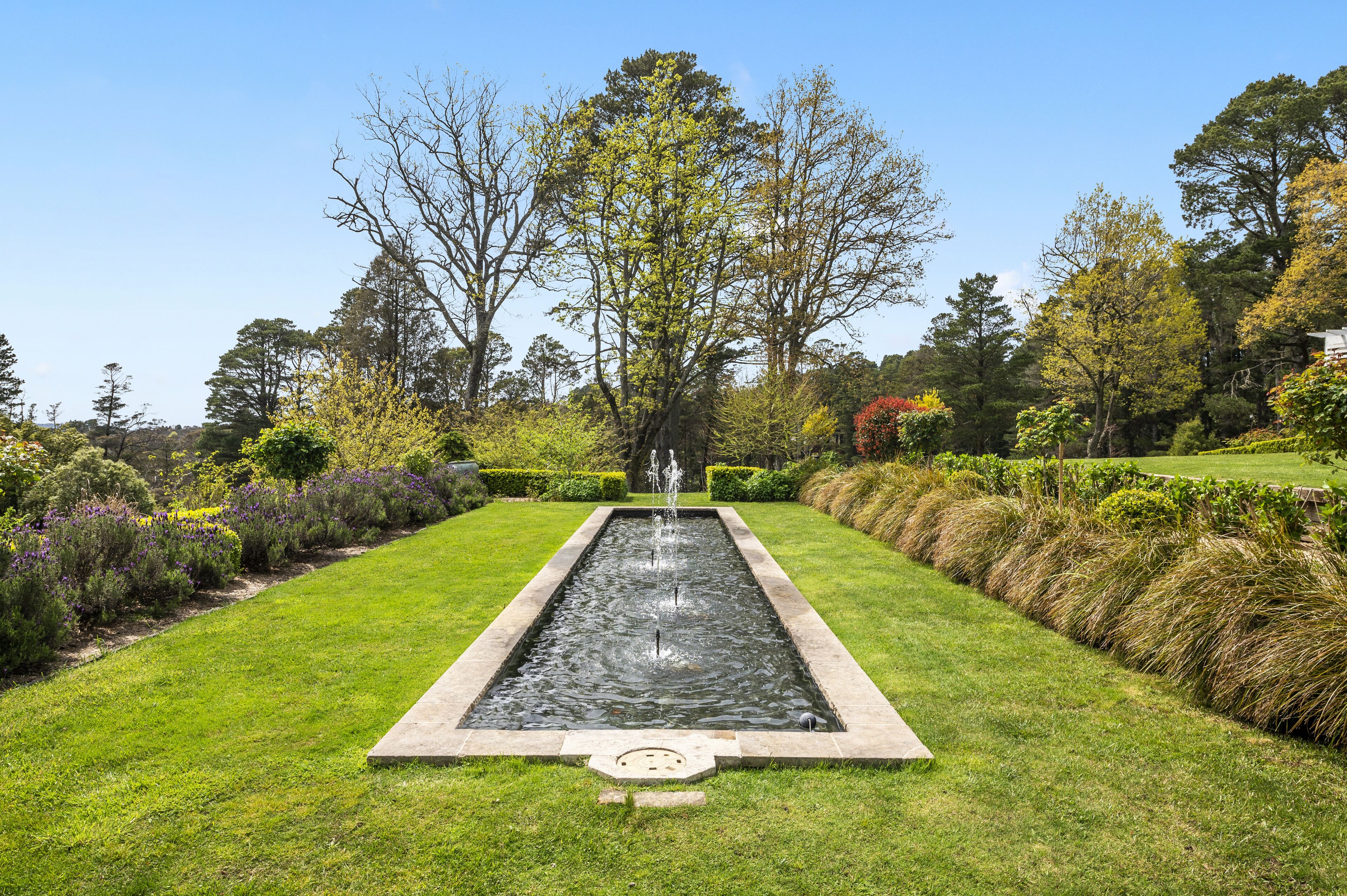 A rectangular water feature with a central fountain, surrounded by manicured grass and various shrubs.