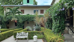 A courtyard with a bench, a statue, and a variety of plants and shrubs.