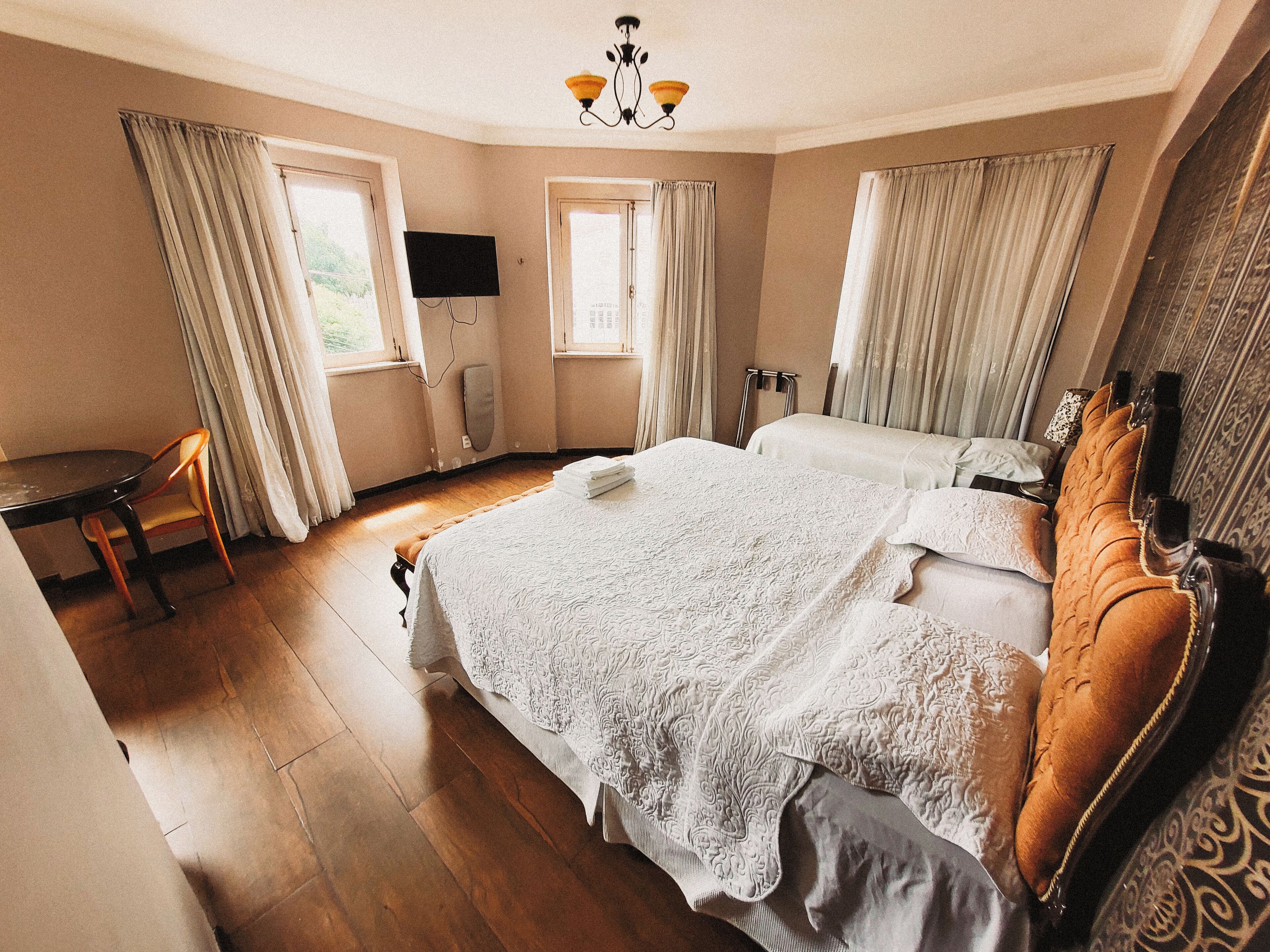 1 bedroom, desk, blackout curtains, iron/ironing board