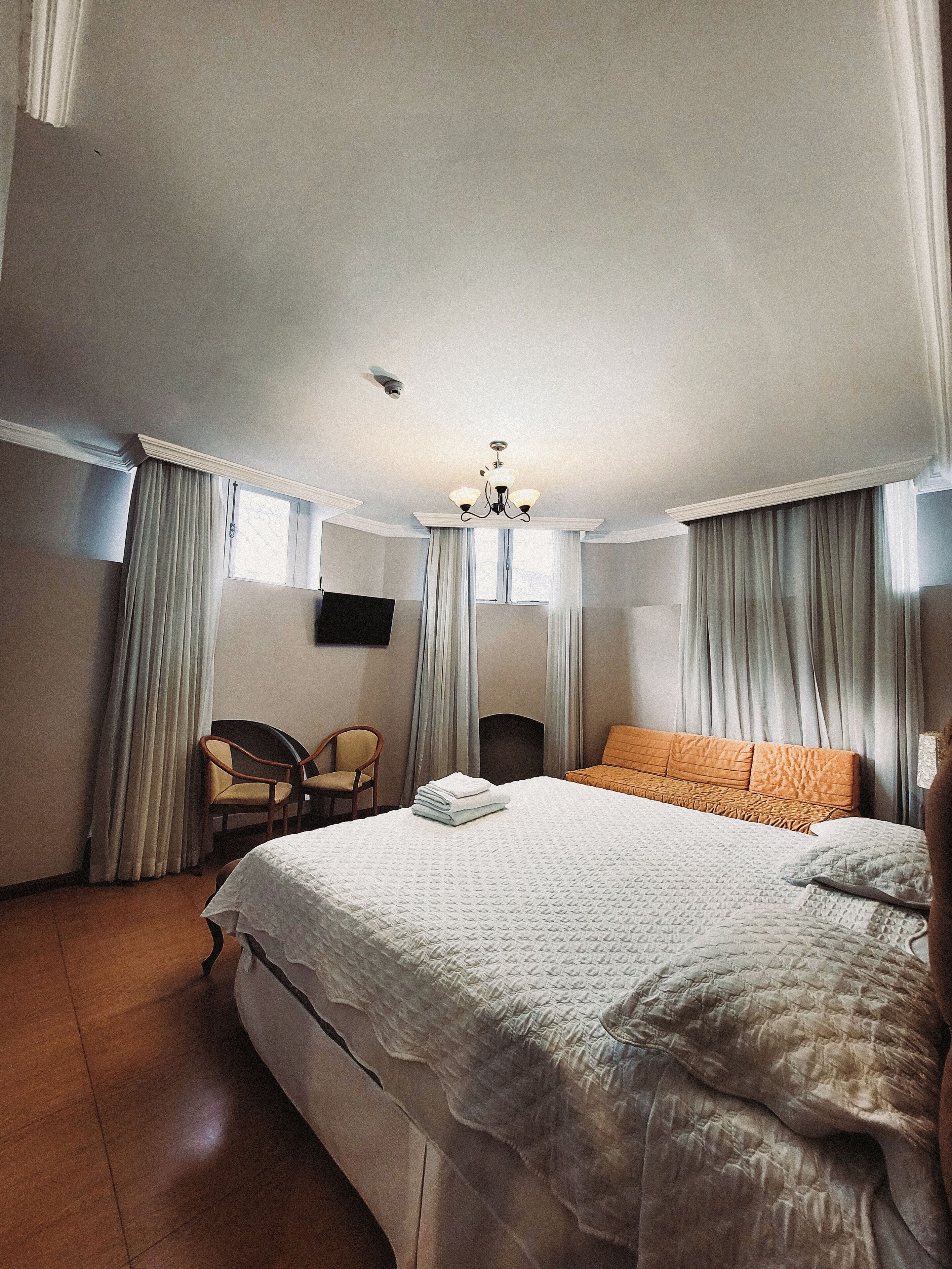 1 bedroom, desk, blackout curtains, iron/ironing board