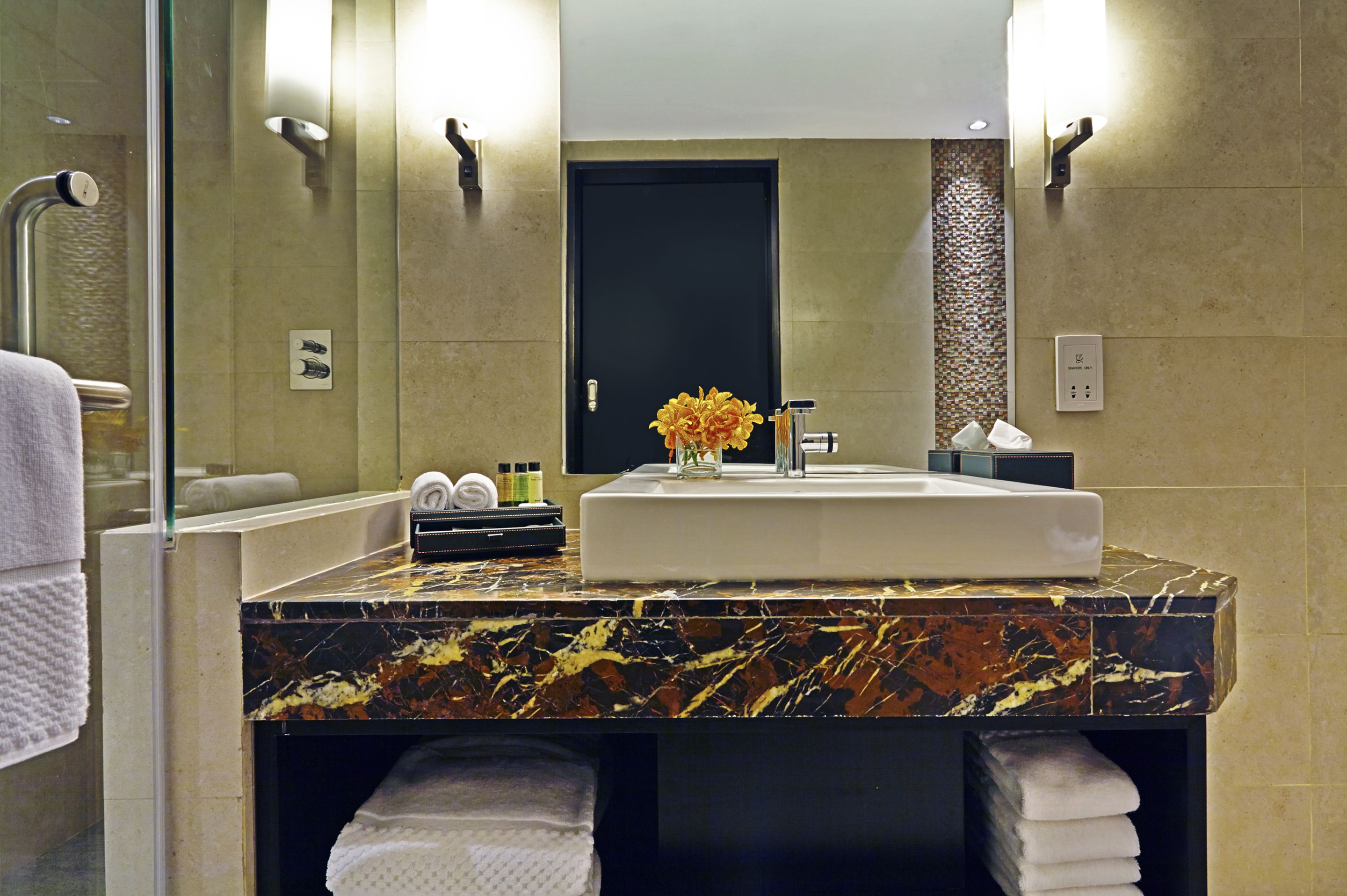 shower, rainfall showerhead, free toiletries, hair dryer