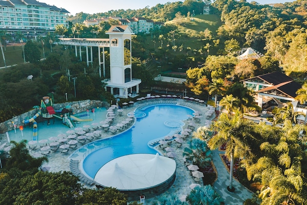 Indoor pool, outdoor pool, pool umbrellas, sun loungers