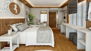 Un dormitorio moderno con una cama grande, una mesita de noche, un espejo y un armario.