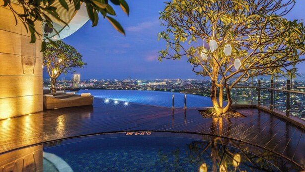 An infinity pool with a city view, a tree, and a wooden deck.