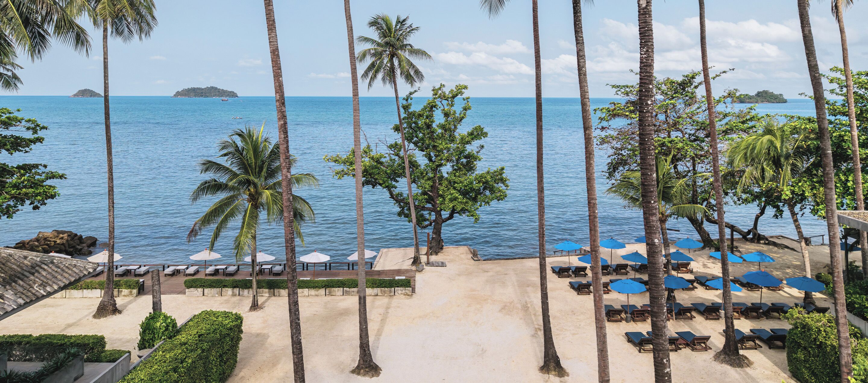 Ein Strandhotel mit Palmen, Liegestühlen und Sonnenschirmen.