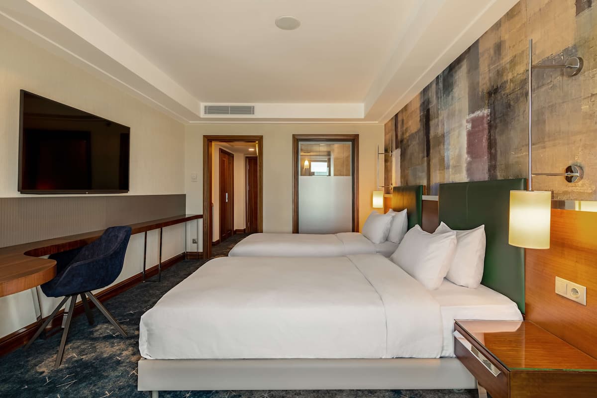 Habitación de hotel con una cama grande, un escritorio, una silla, un televisor y un cuadro en la pared.