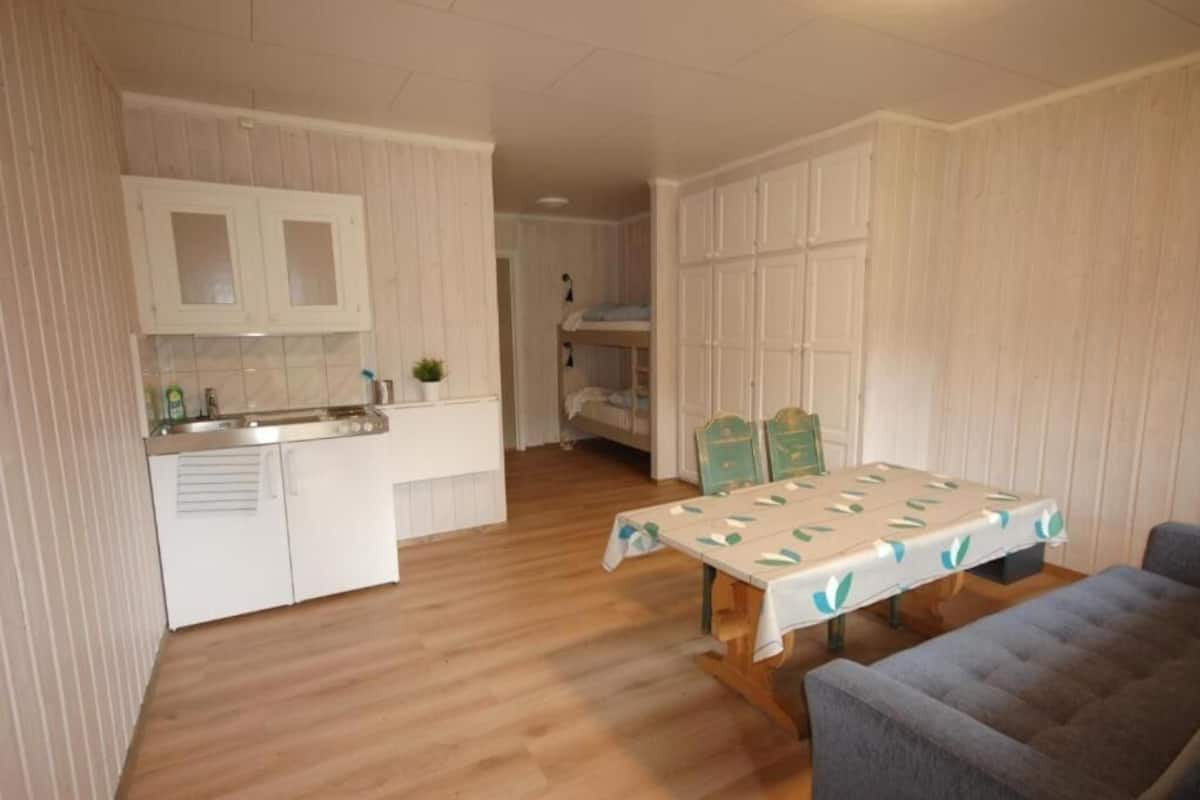 A compact kitchen with white cabinets and a wooden countertop, a dining table with a leaf-patterned tablecloth, and a bunk bed in the background.