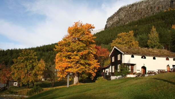 A rustic building with a sloped roof, surrounded by a grassy area and trees with autumn foliage.