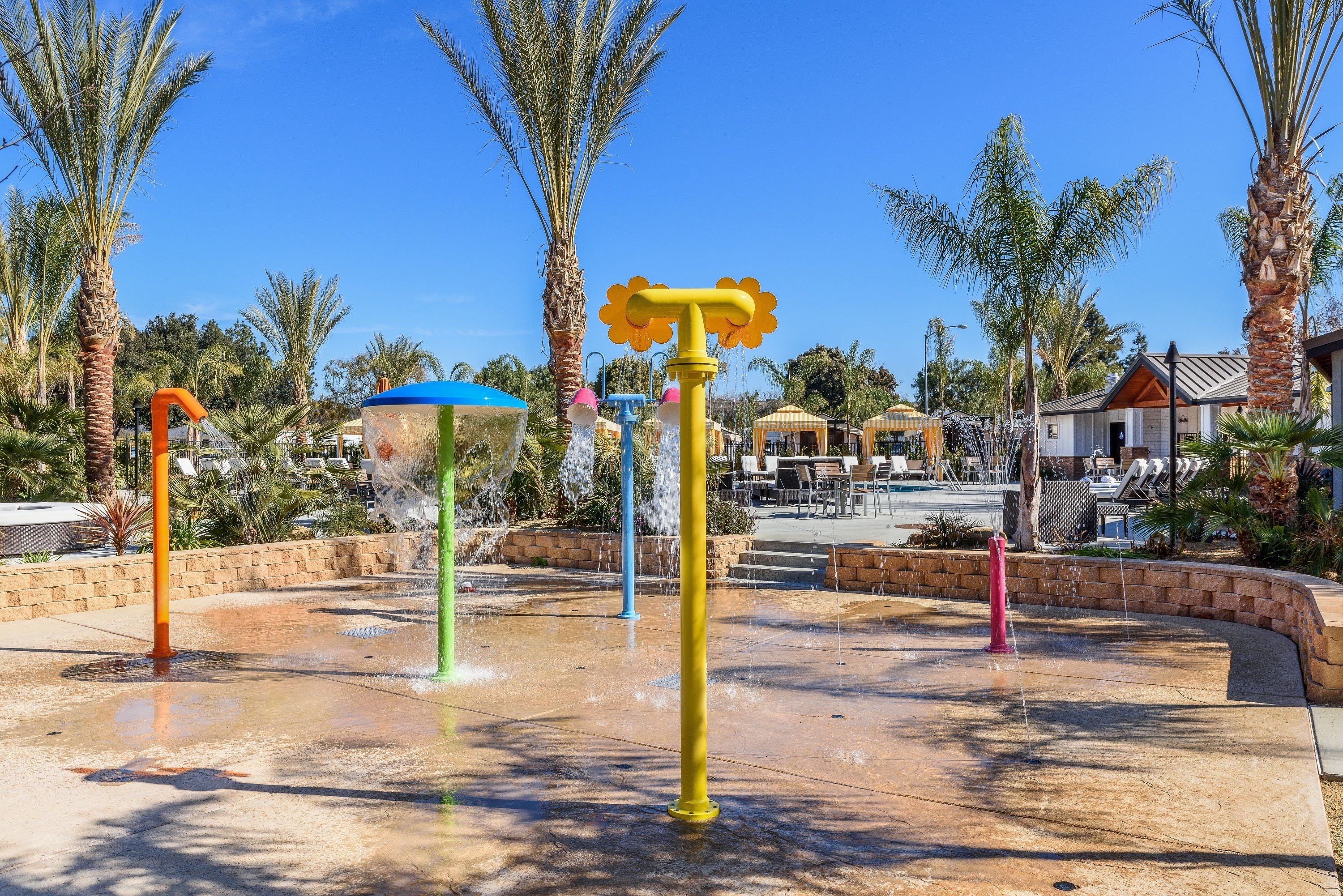 A water park with multiple colorful water features and palm trees.