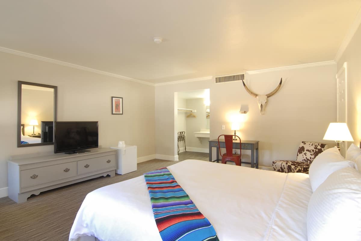 A hotel room with a bed, a television on a dresser, a mirror, a wall-mounted light, and a decorative animal head.