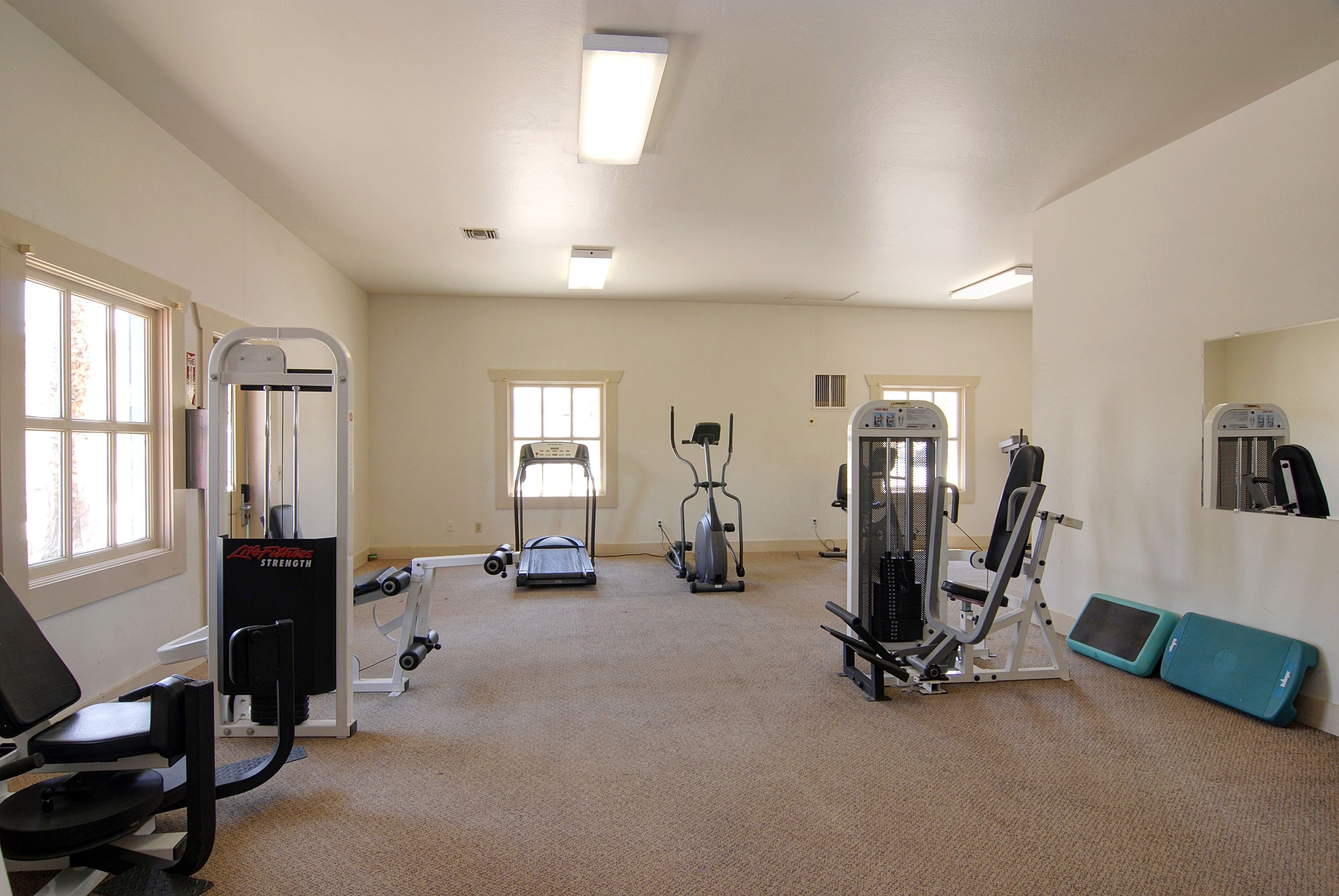 A spacious gym with various exercise equipment, including treadmills, elliptical machines, and weight machines.