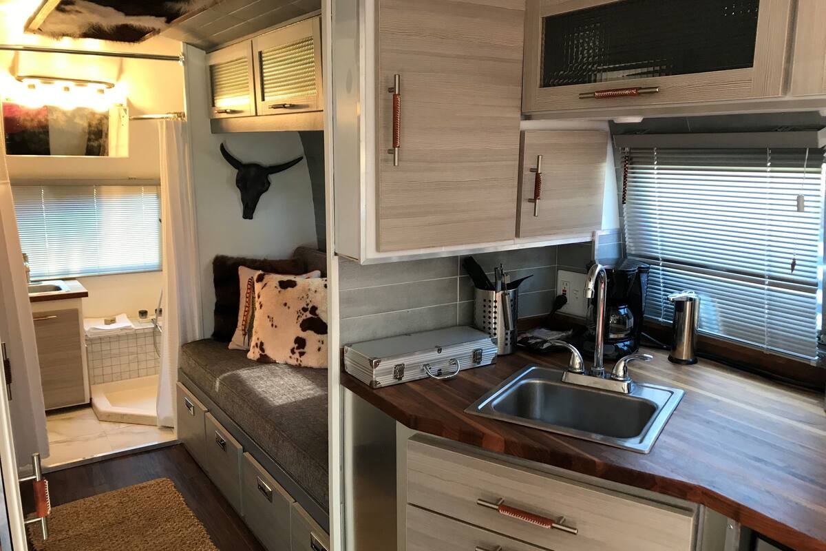 A compact kitchen with a sink, cabinets, and a decorative cow skull.