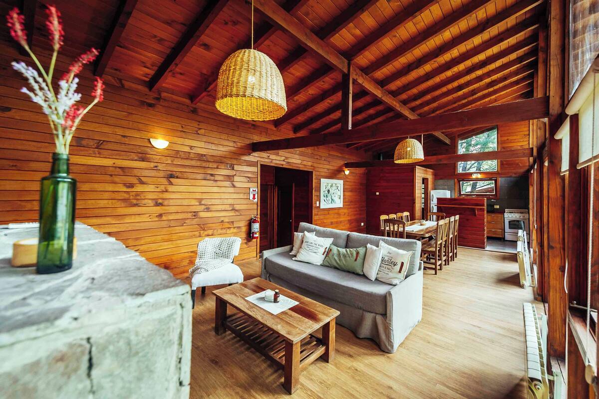 Ein gemütliches Blockhäuschen-Interieur mit Holzbalkendecke, einer Couch, einem Couchtisch und einem Essbereich.