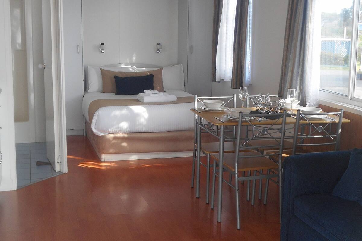 A compact room with a bed, a dining table with chairs, and a sofa.