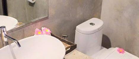 A bathroom with a white sink, a toilet, and a mirror.