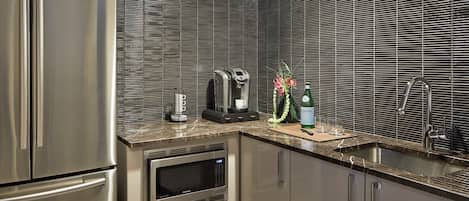 Coffee/tea maker, mini-fridge, microwave