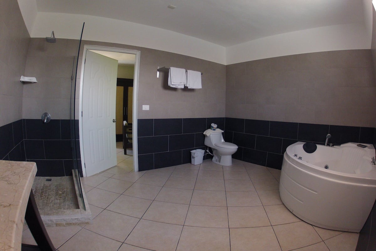 A bathroom with a bathtub, toilet, and shower area.