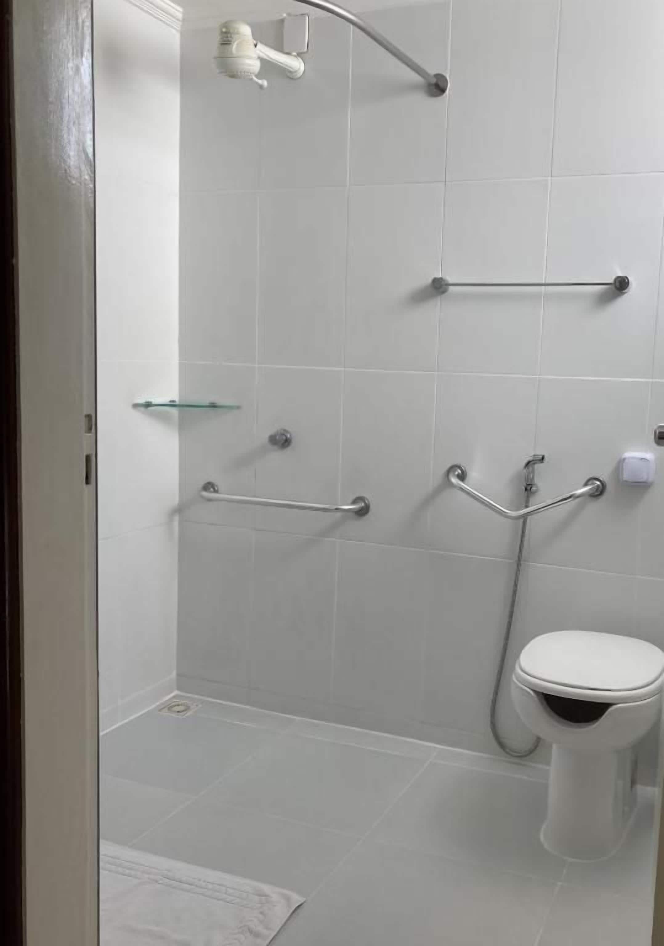 A bathroom with a white toilet, a shower area with a handheld showerhead, grab bars, and a glass shelf.