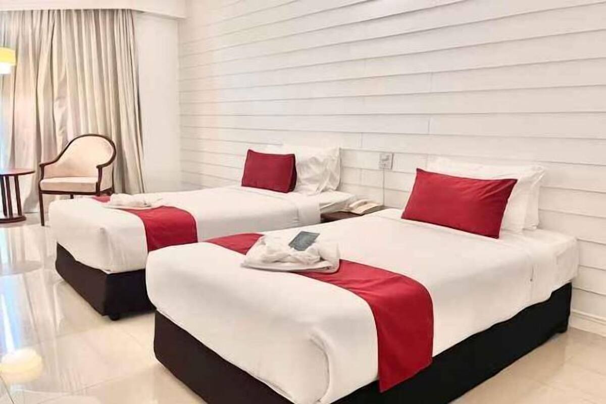 Desk, laptop workspace, blackout curtains, free WiFi